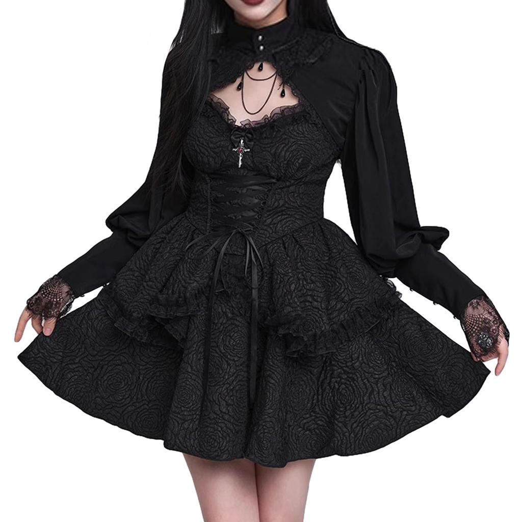Qichenk Gothic Lolita Langarm Gothic Lolita Gothic Halloween Damenkleid, Spitze, Kostüm, Damenhaft, Kleid, Cosplay, Niedlich, Outfit, Schwarz,