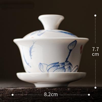 Teeschale, Keramik-Teetasse, Suppenterrine, chinesische Keramik, Gaiwan, Porzellan, Gaiwan, weißer Deckel, Schüssel, Lotus, Handzeichnung, Gai Wan Shen Puer