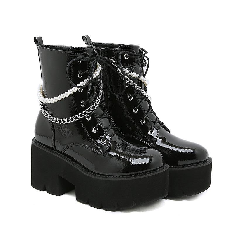 Autumn and Winter Martin Boots Pearl Chain Thick Bottom Side Zipper Women's Boots Front Lace Up Knight Boots Women's