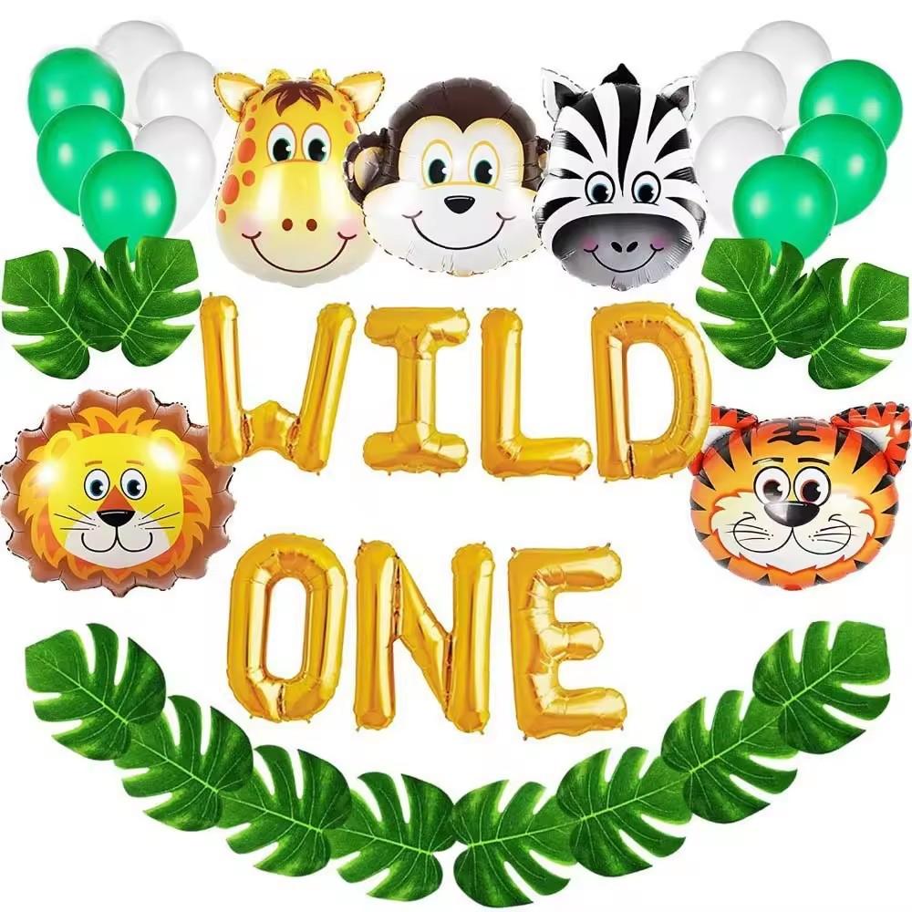 Hstyle Wild One Birthday Decorations Kit Artificial Palm Leaves Animal Balloons Safari Zoo Jungle Theme Baby 1st Bday Supplies