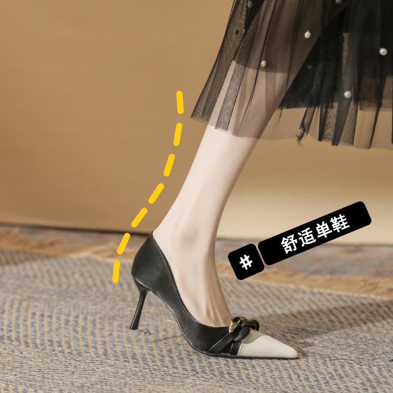 Temperament socialite small fragrant style fine heel light mouth high heel women's shoes classic metal buckle splicing fashion women's shoes