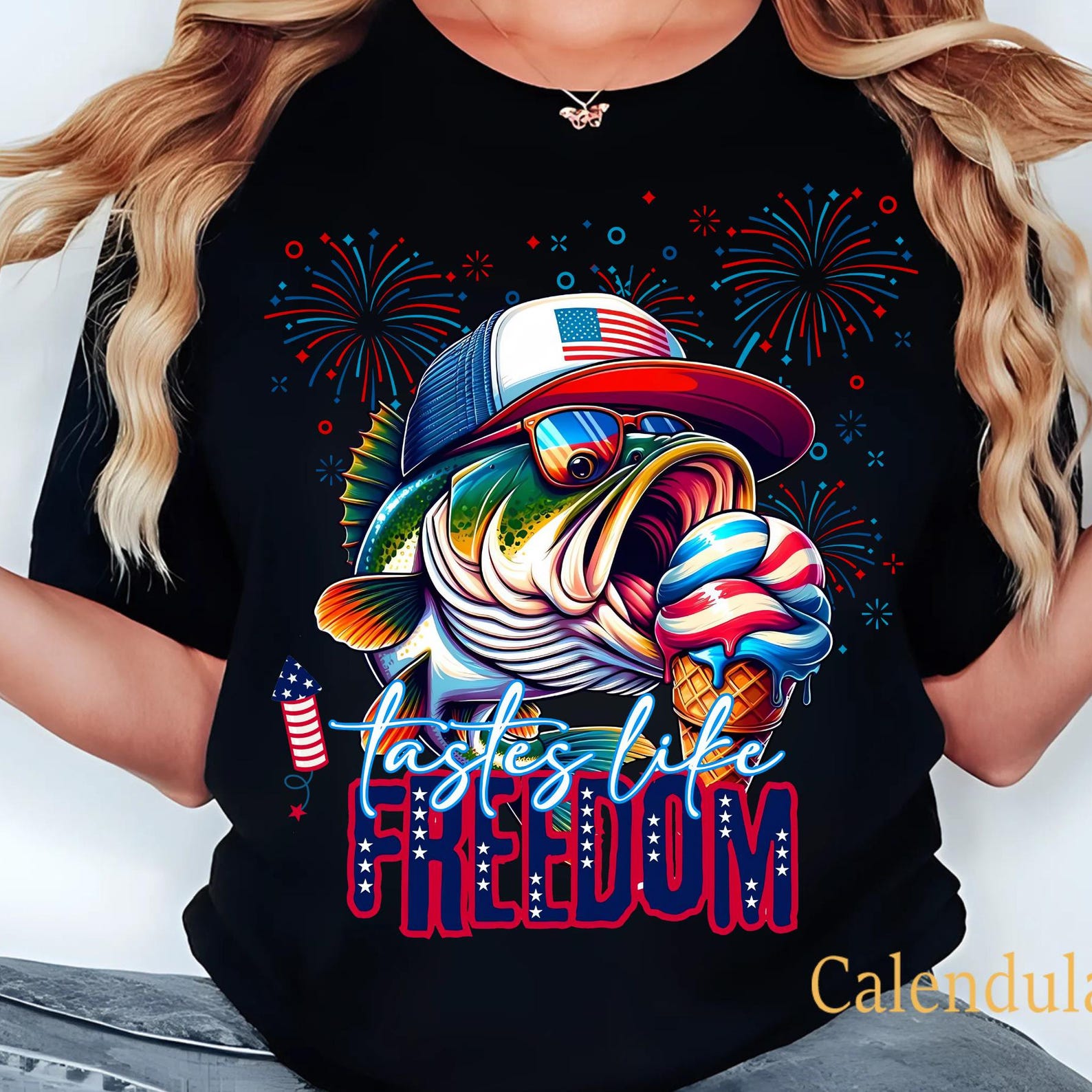 Tastes Like Freedom Shirt, 4th of July Bass Fishing Tee, Summer Fishing Gift, Independence Day, Ball Cap 4th of July Bass Fishing Ice Cream 4XL