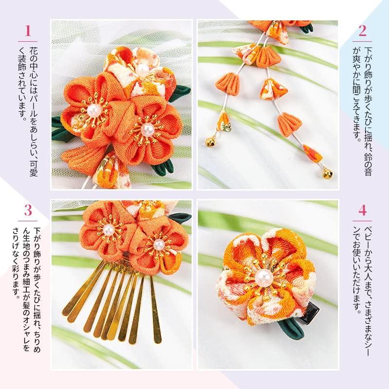 Hair Accessories Set for Girls - 3-Piece Tsumami Zaiku Flower Clips with Bells, Orange, for Shichi-Go-San, Coming of Age Ceremony, Yukata, Kimono,