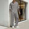 Men's Linen Long Sleeve Shirt and Pant Set Two-Piece Casual Outfit for Summer