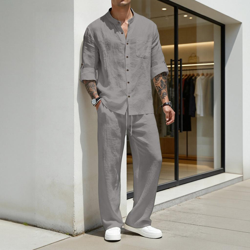 Men's Linen Long Sleeve Shirt and Pant Set Two-Piece Casual Outfit for Summer