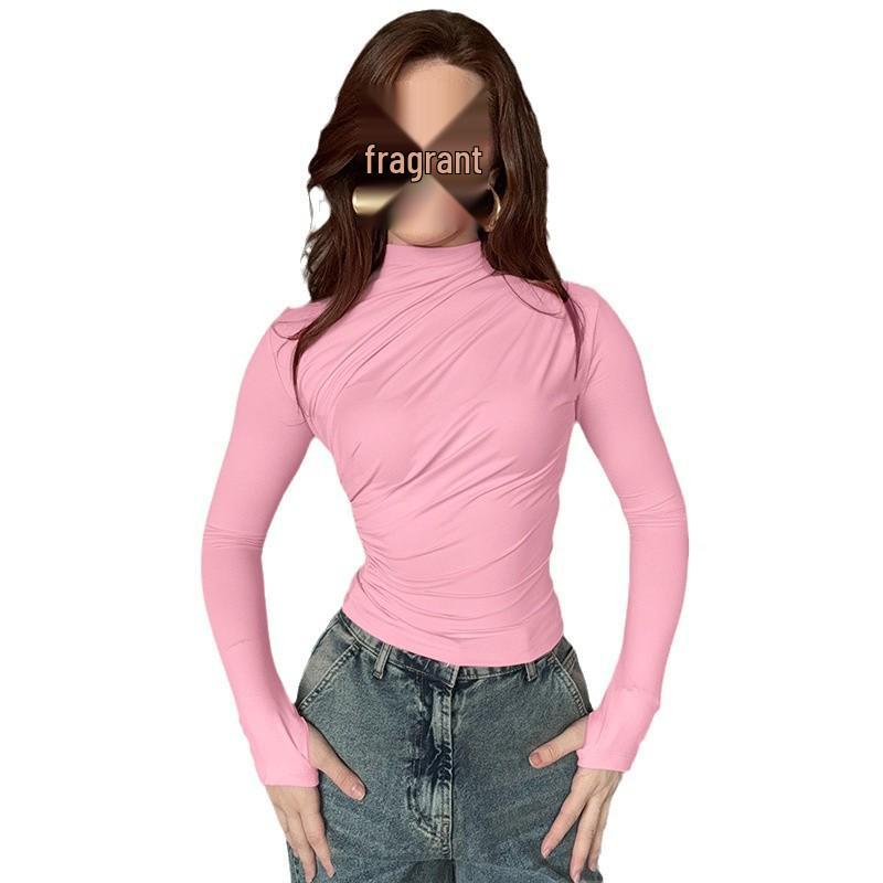 2024 Autumn/Winter Slim-Fit High-Neck Pleated Long-Sleeve Women's Top