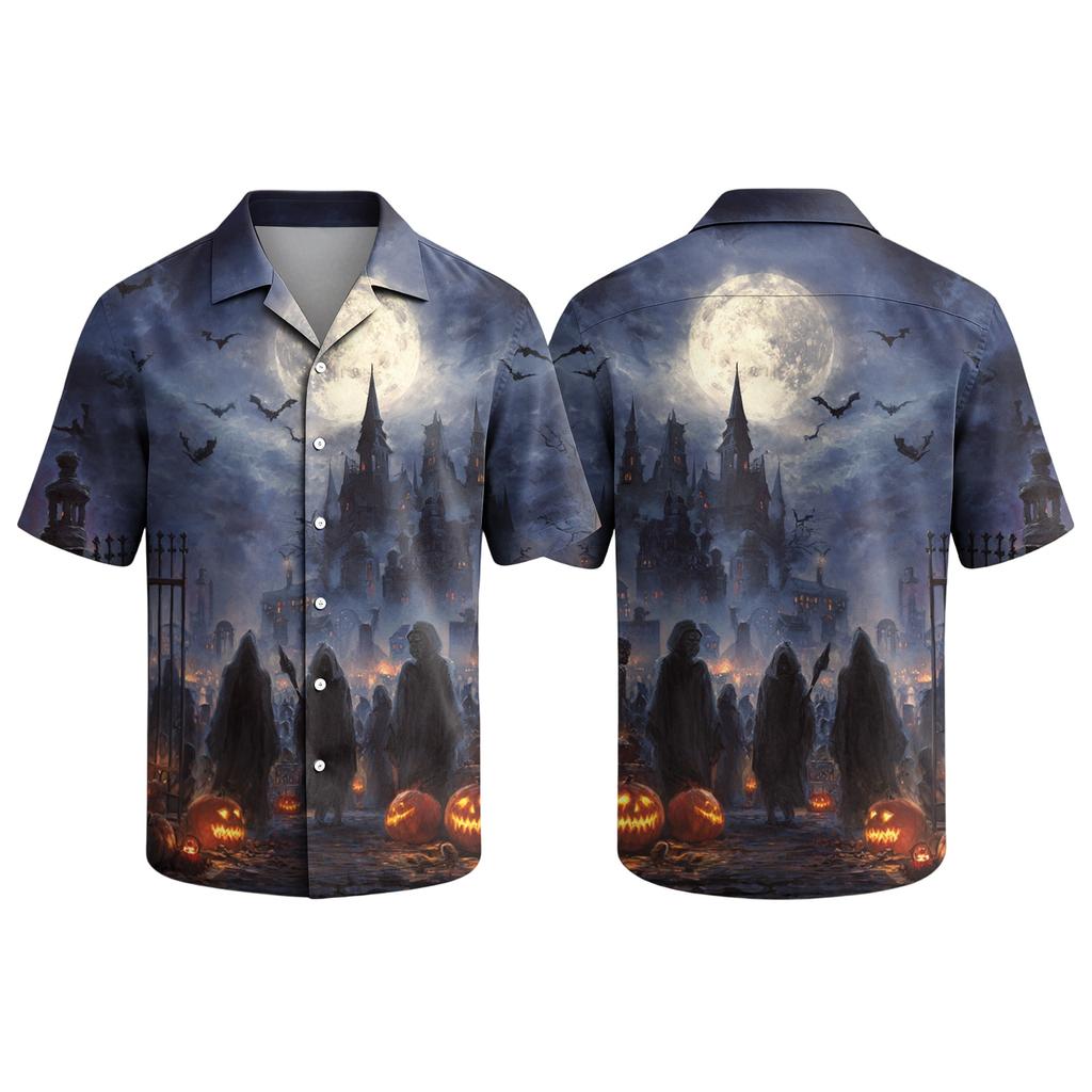 Men's Casual Short Sleeve Button Down Shirt Halloween Print Camp Collar Relaxed Fit Lightweight Top