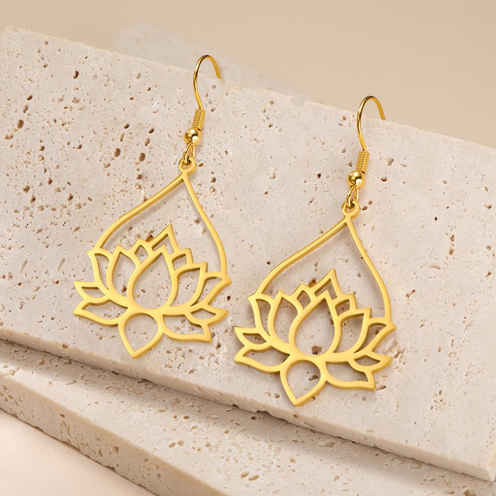 Dawapara Lotus Flower Dangle Earrings for Women Stainless Steel Round Flower Charm Yoga Jewelry Buddhist Spiritual Amulet