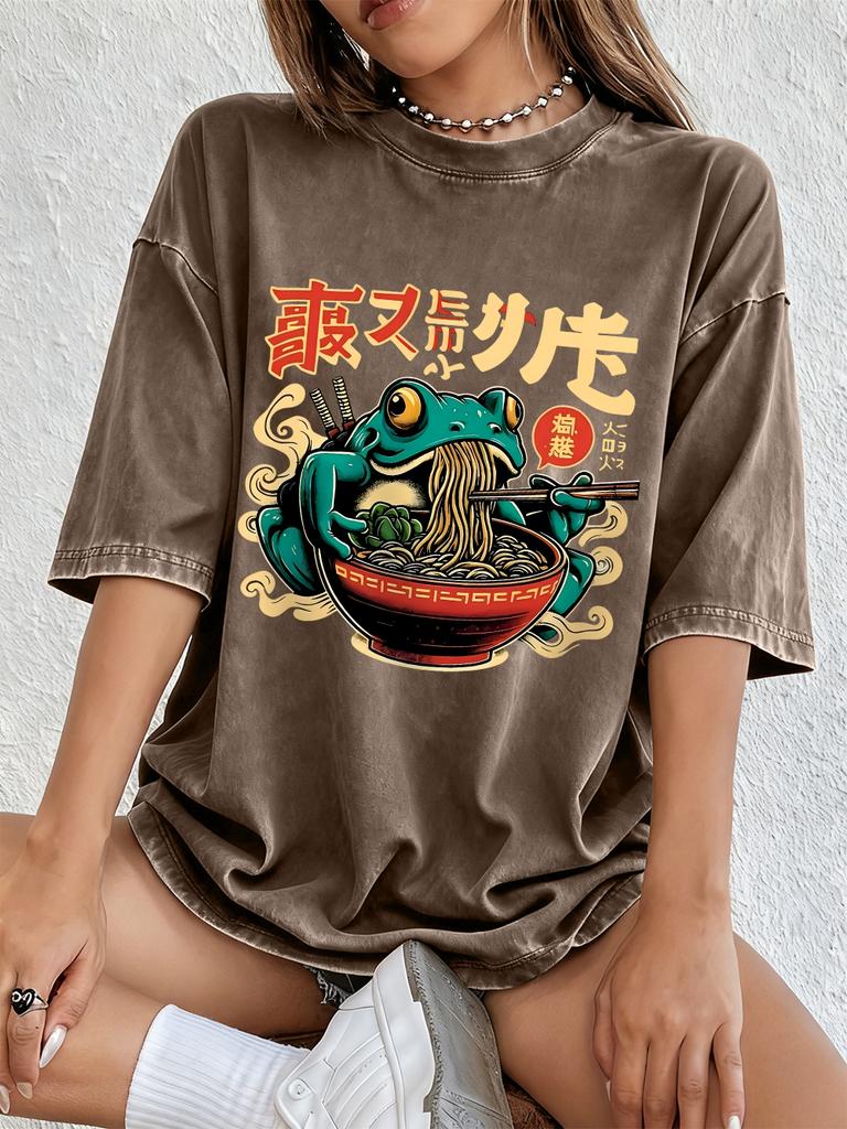 Frog Eating RaUnisex Noodles Printing Washed TShirts Womens Cotton Oversize Tops ONeck Short Sleeve T Shirt Summer Womens Clothes