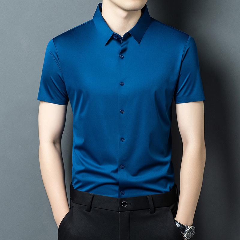 2026 Men's Seamless Ice Silk Stretch Short Sleeve Shirt - Business Casual, Non-Iron, Solid Color