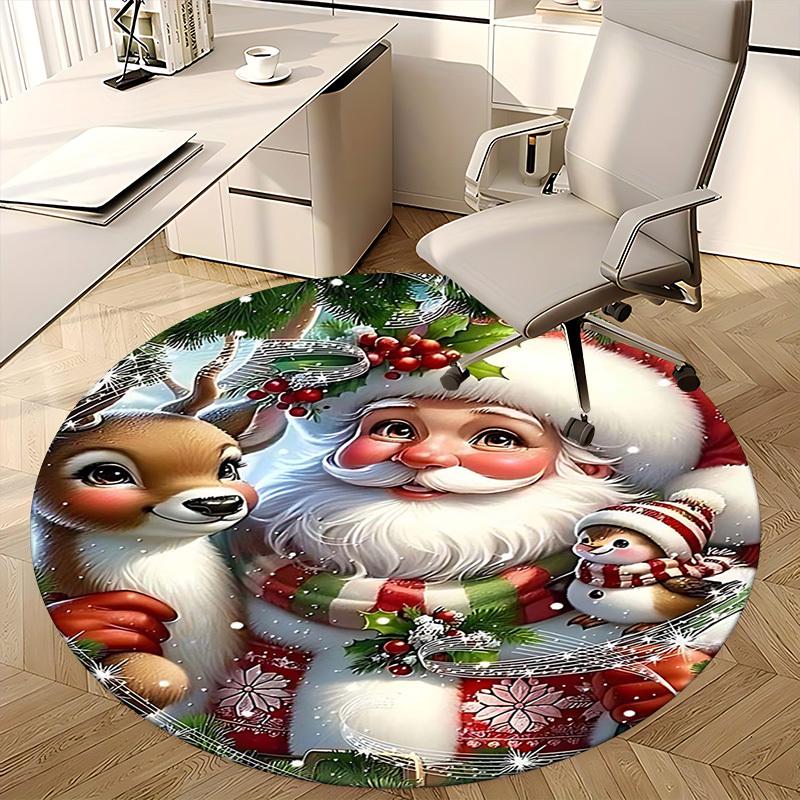 1pc Christmas Santa Claus Deer Snowman Round Carpet Anime Design, Holiday Gift, Office Chair Mat, Non Slip Rug, Office, Living Room, Bedroom