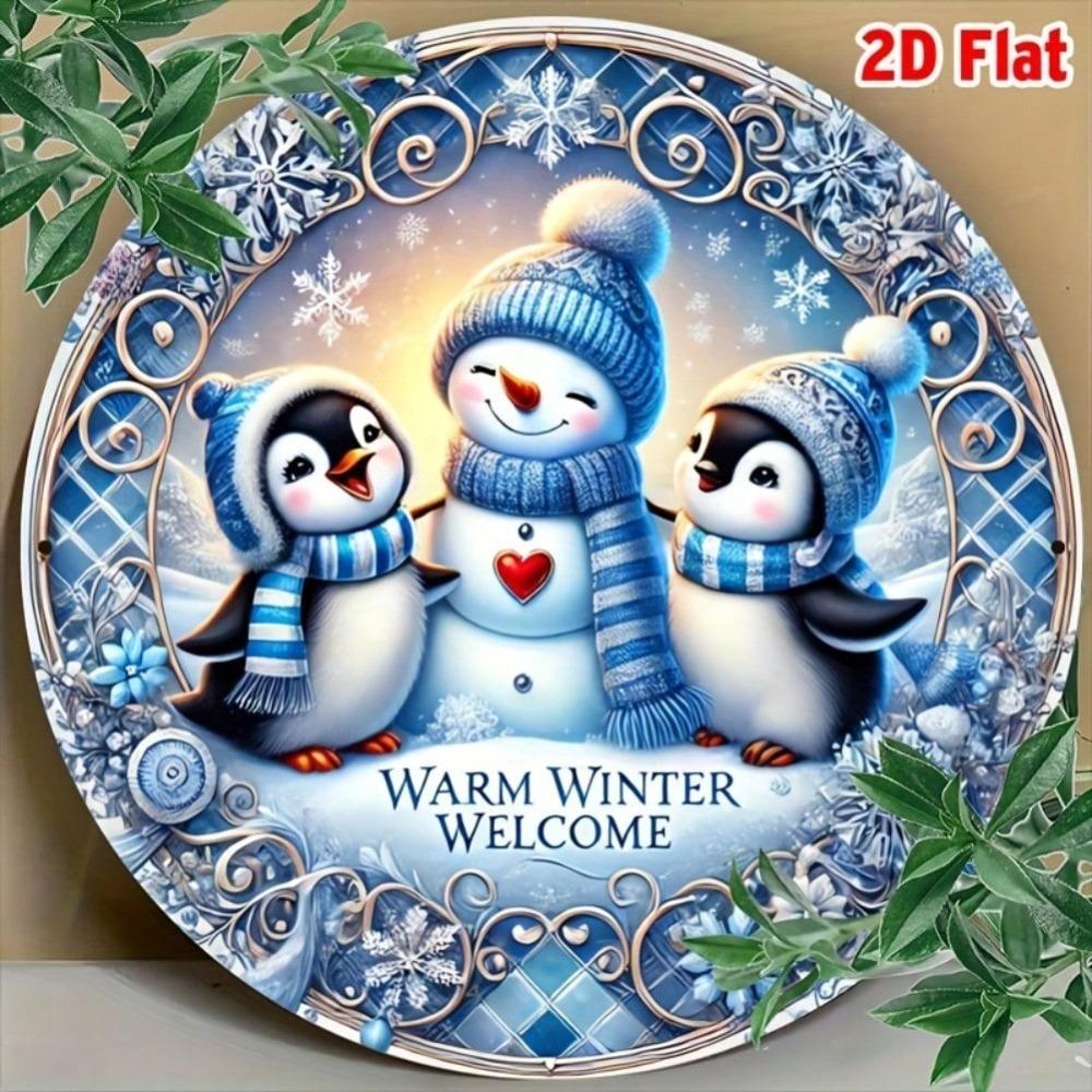 Vintage Blue Snowflake Wreath Metal Sign Penguins Heart Design Round Aluminum Wall Art Holiday Home Decor