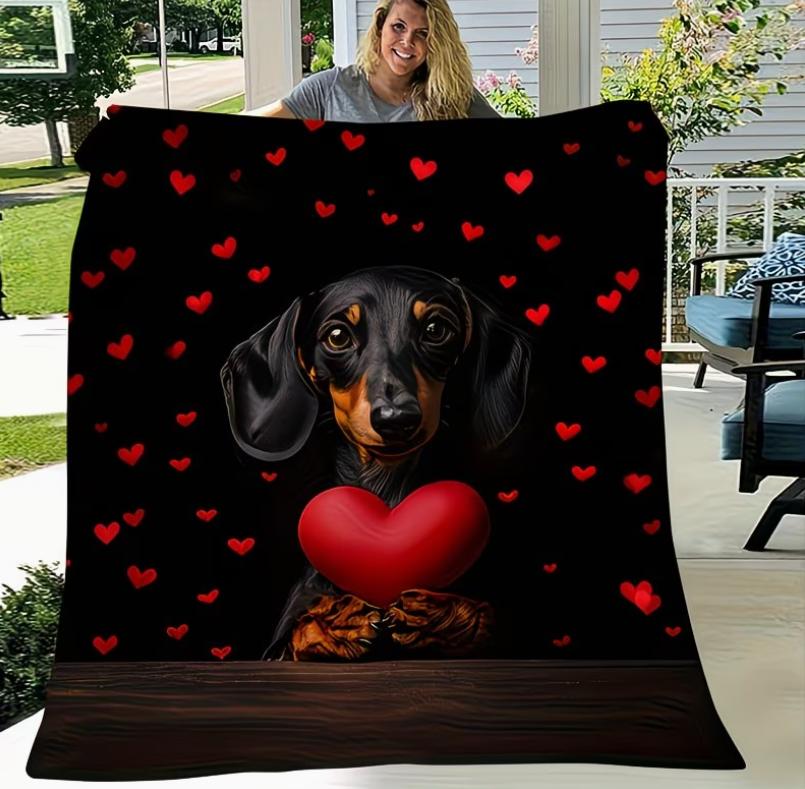 Cozy Retro Dachshund Heart-Themed Print Flannel Blanket Soft Warm, and Stylish for All Seasons Bed Office Ideal Holiday Birthday