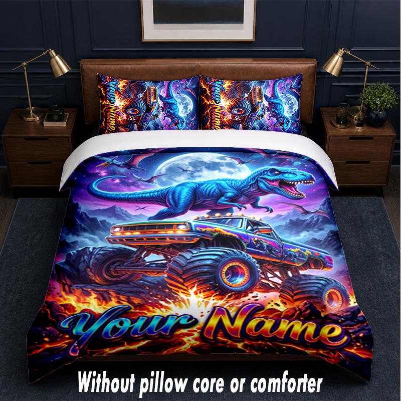 Monster Truck Theme Custom Text Or Name 3Pcs Bedding Set,1 Flat Sheet & 2 Pillowcases Personalized Home Bedding