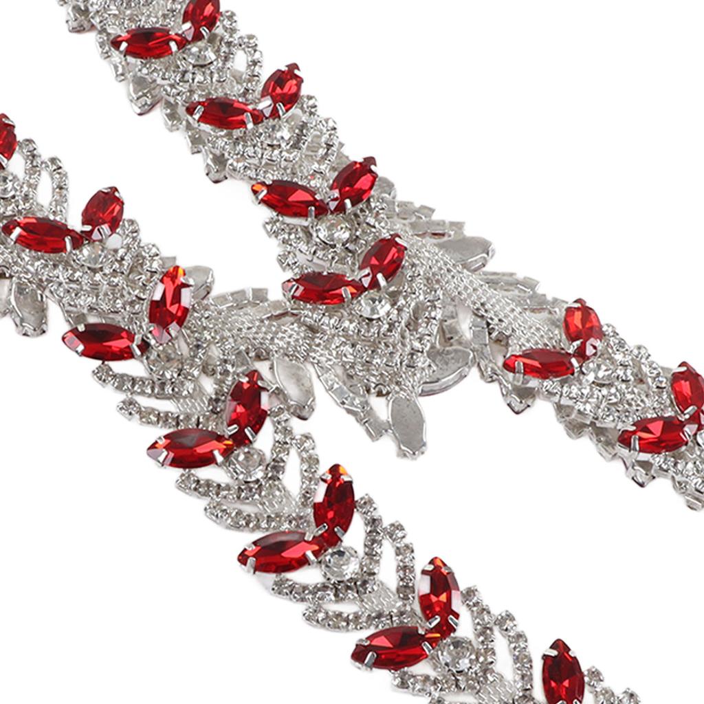 Crystal Rhinestone Chain 1 Yard 2.3cm Glass Rhinestone Leaf Shape Flower Chain DIY Decoration for Garments Earring Belt Red