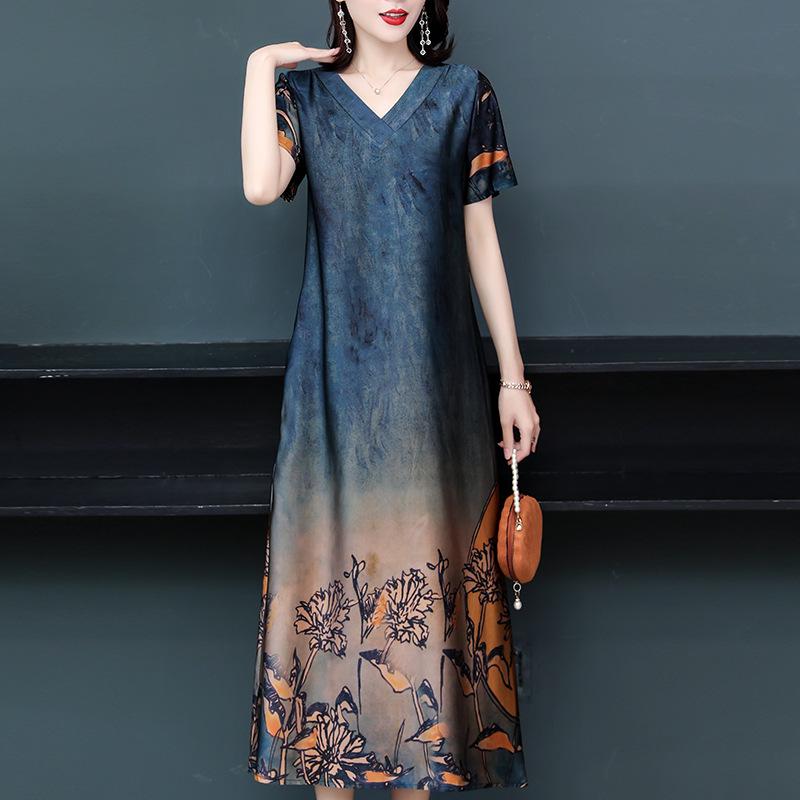 

Elegant Xiangyun Silk Dress: Women s Summer Fashion, Over-Knee, Perfect for Middle-Aged and Elderly XL