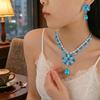 European Style Zircon Blue Flower Tassel Necklace & Earrings Set