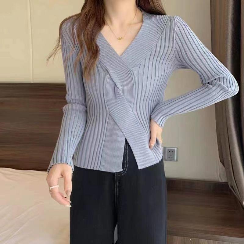 

Темпераментный воротник крест приталенный и тонкий универсальный вязаный базовый свитер женский осенне-зимний внутренний свитер женский XXL серый