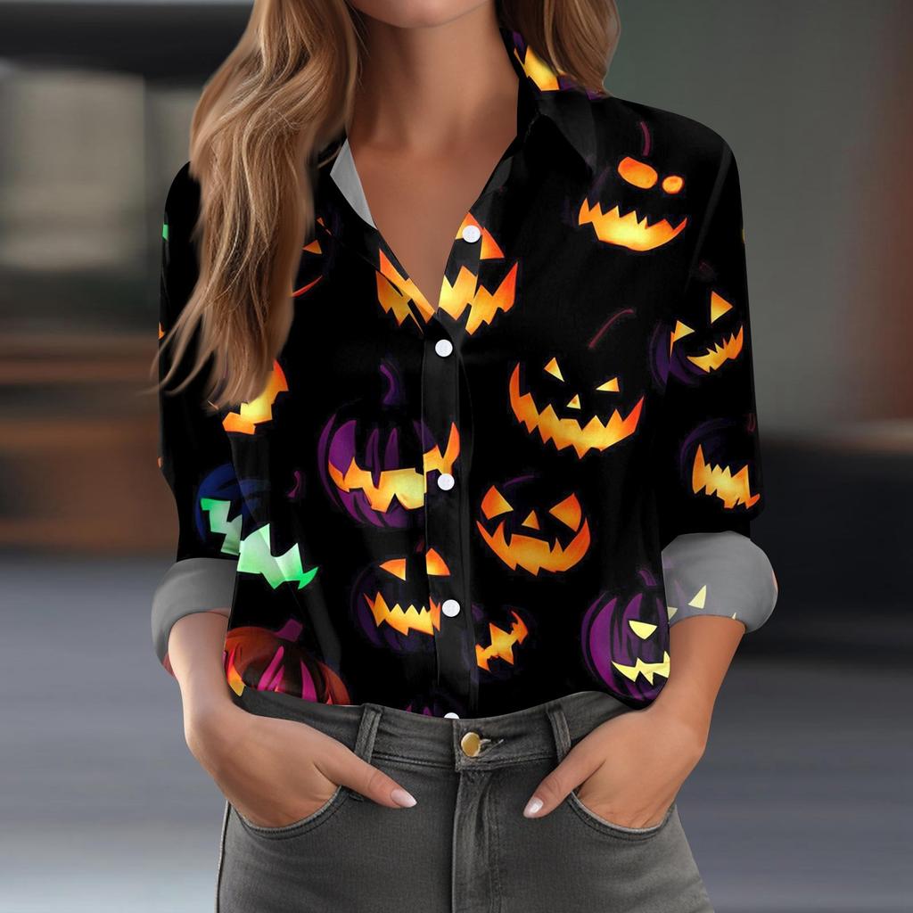 Damen Hemd Bluse Halloween Print Knopf Langarm Lässig Basic Hemdkragen Regulär Top