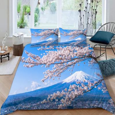 Mount Fuji Duvet Cover Twin Size Kids Cherry Blossoms Comforter Cover Set for Boys Girls Teens Natural Scenery Art Bedding Set