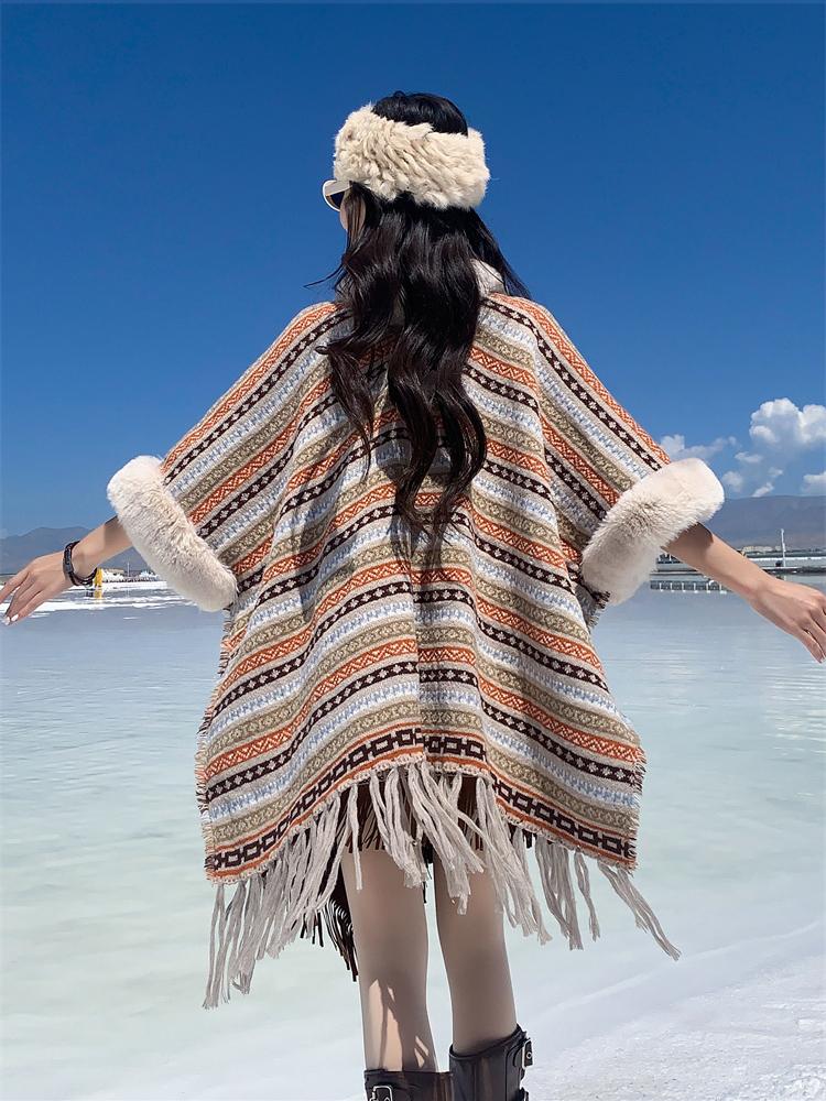 Winter Women Scarf Layers Poncho Elegant Lady Striped Print Tassel Wraps Shawl Hairy Scarve Capa Para Mujer Pashmina Cloak Boho