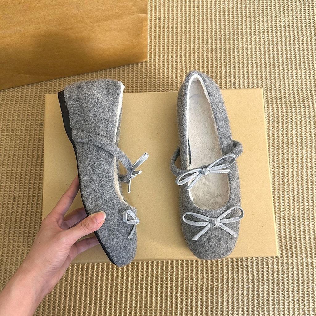 inner height-increasing bow fleece warm gray Mary Jane cotton shoes outer thick-soled fluffy shoes