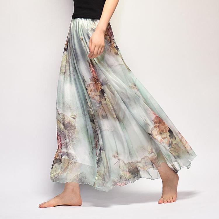 Bohemian Long Skirt Summer Retro Beach Skirt European and American New Style Printed Chiffon Skirt