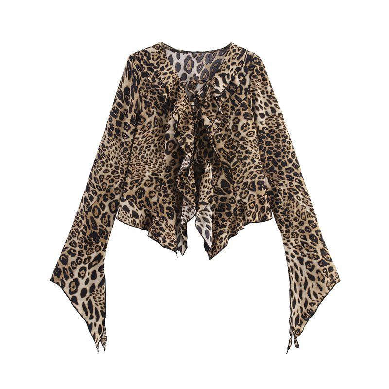 

Kaslead New Arrival Women s Fashion Style Leopard Print V-neck Body Fitted Waist Flare-Sleeve Shirt Tops Picture Color L