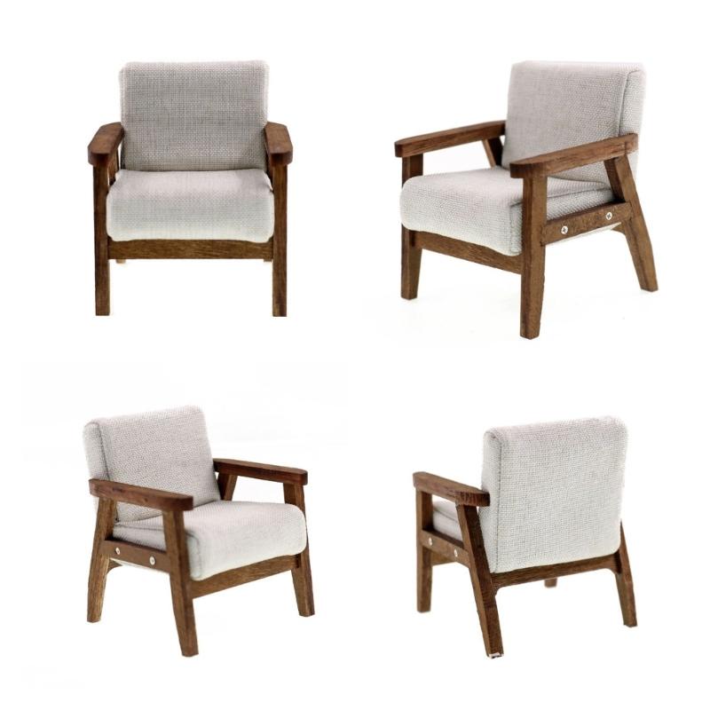 Model Home Furniture Chair 1:12 Scale Wood Frame, Padded Fabric Seat for Small Living Room Layouts and Builds Use