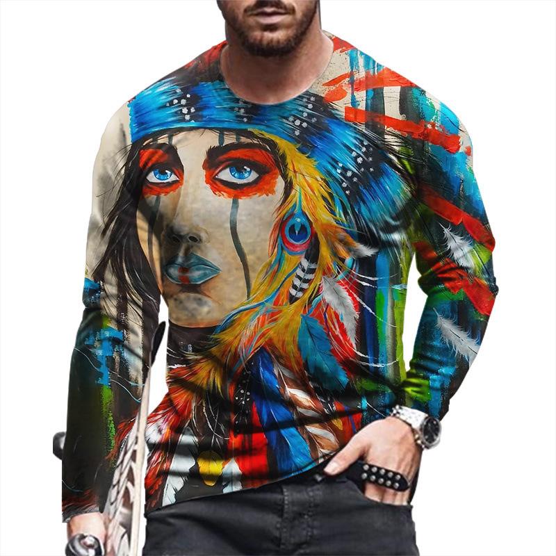 Spring and Autumn Round Neck 3D Native American Pattern Printed Top Fashionable Casual Long Sleeved Men's T-shirts