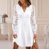 V-neck Buttons Neckline Pleated Loose Hem Summer Dress Embroidery Lace Long Sleeve Solid Color Mini Dress