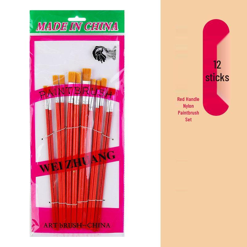 Foreign Trade Nylon Painting Brush Set - 10 Pieces, Red & Blue Handles, Flat Gouache & Oil Brushes