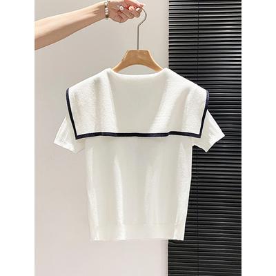 Korean College Style Navy Collar Lace-up Knitted Sweater Women's Summer New Age-reducing and Thin Temperament Short-sleeved Top
