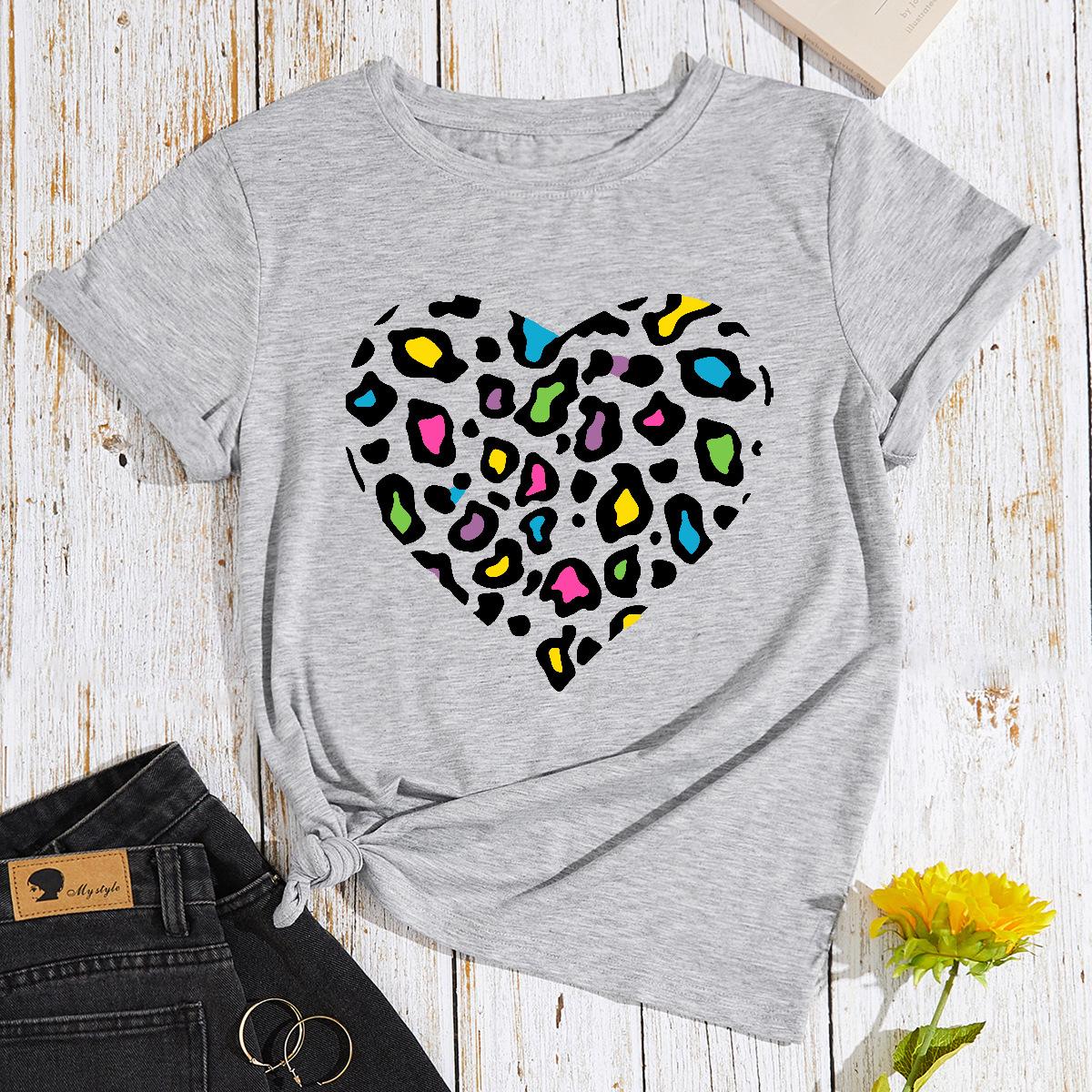

Хлопковая футболка с леопардовым принтом в виде сердца, с коротким рукавом и круглым вырезом, женская, с 2D-принтом, топы S светло-серый