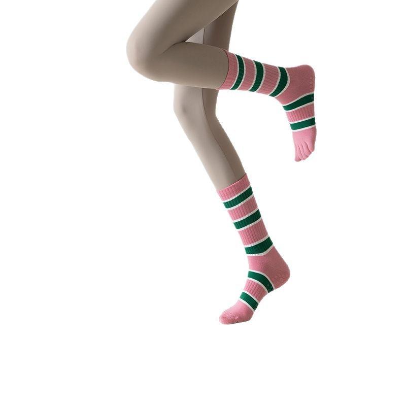 Spring and Summer Bright Striped Mid-calf Split-finger Cotton Socks, High-top Yoga Fitness Sports Anti-slip Socks, Five-finger Socks Pilates