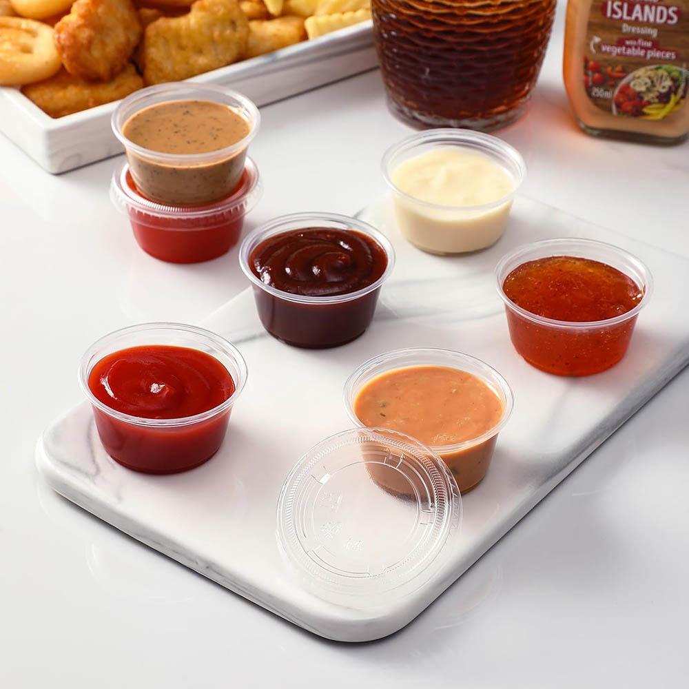 Jello Shot Cups with Lids,Stackable Food Safe Disposable Plastic Portion Condiment Dipping Sauce Cups for Salad Dressing