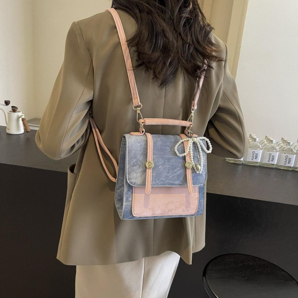 Rucsac Retro Color Block pentru Femei: Geantă de umăr casual la modă în stil coreean de colegiu