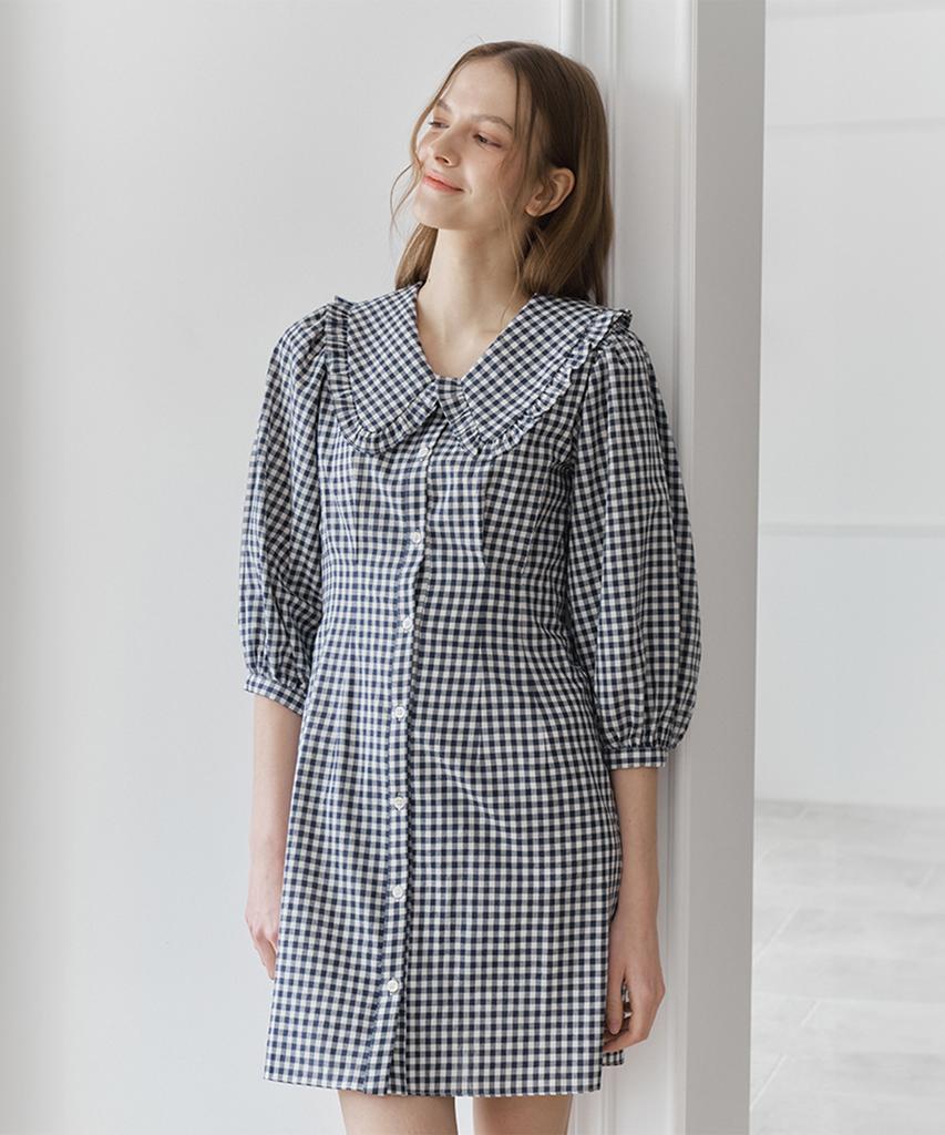 Bember Lace Collar Puff Sleeve Dress_Navy