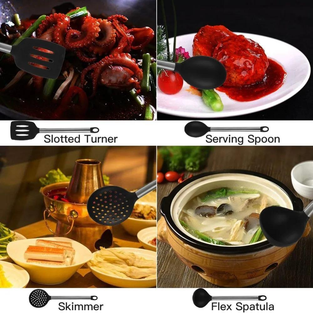 9Pcs Silicone Cooking Utensils Set Stainless Steel Handle Kitchen Utensil Set With Storage Box Serving Spatula Spoon Tongs Whisk