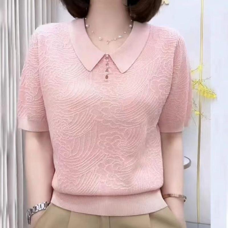 Temperament Letnia Damska Klapy Jednolity Splot Żakardowy Haftowany Dzwony Moda Biurowa Pani Krótki Rękaw Dzianinowy T-shirt Top