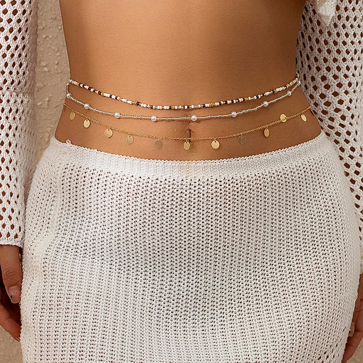 

SHIIXIN 3Pcs Boho Colorful Small Rice Beads Waist Chain Set for Women Bikini Gold Color Sequin Tassels Belly Chain Body Jewelry