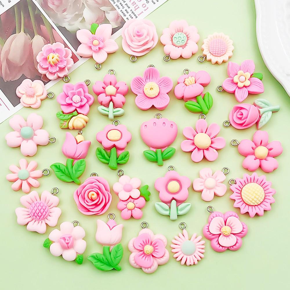 30-Piece Set: Pink Resin Sunflower & Rose Flower Pendants for DIY Jewelry