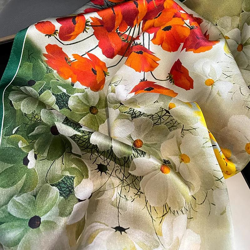 Flower 100% Real Silk Scarf Women Small Luxury Brand Handkerchiefs Hair Ribbon Headband Design Square Neckerchief Female Bandana