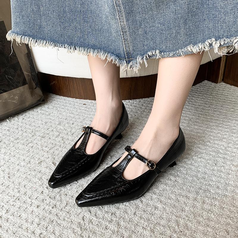 Fashion Elegant Pointed Toe Mary Jane Shoes Women's Spring Autumn New Style Thin Medium Heel Leatherette Single Shoes Buckle Strap