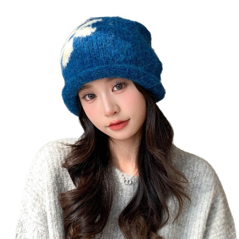 Korean Cute Flower Knitted Wool Hat for Women In Autumn and Winter Versatile Windproof and Warm Pile Hat Big Head Cold Hat