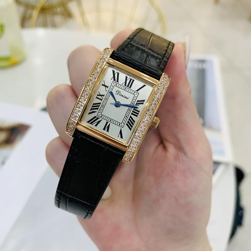 Women'S Watch Women'S Rectangular Simple Retro Style Diamond-Encrusted Leather High-Value Women'S Watch