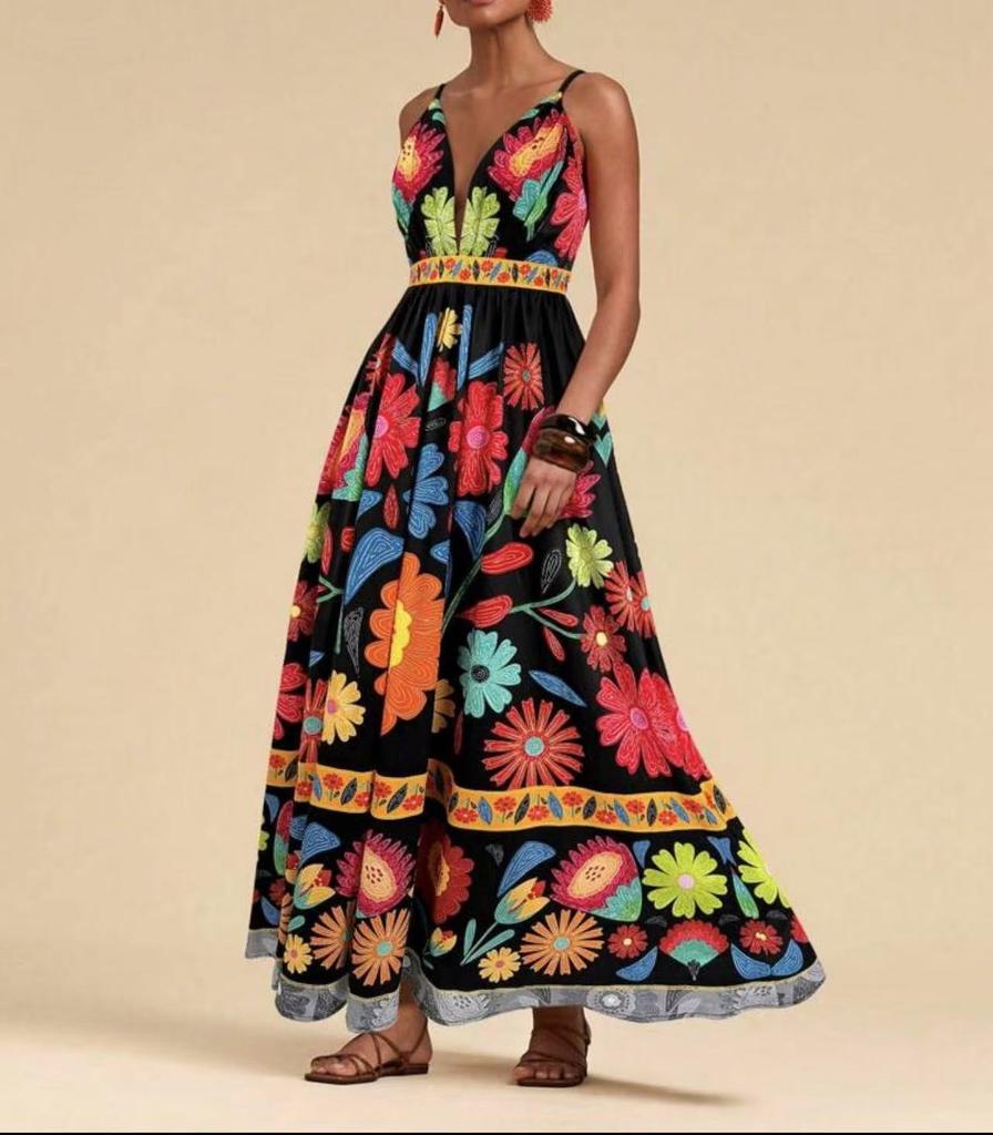 Women's V Neck Sleeveless A Line Dress Slim Fit Mid Rise Boho Floral Print Spaghetti Strap Maxi Dress