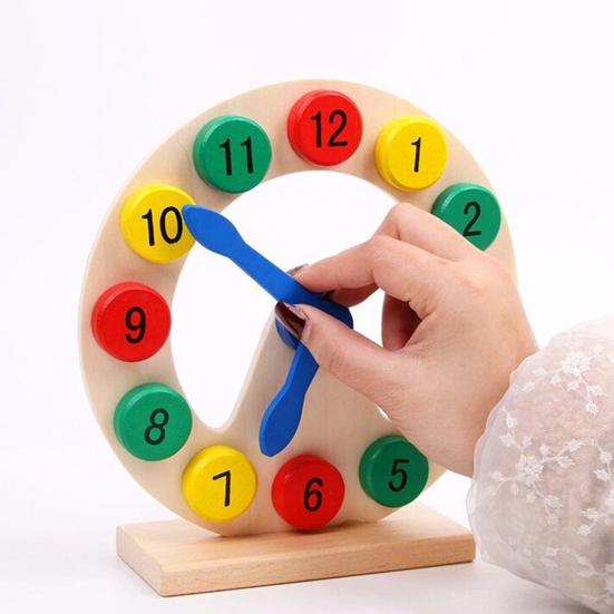 Kids Wooden Clock Toy Preschool Number Color Recognition Time Learning Clock Toddlers Educational Clock Teaching Aid with Movable Hands