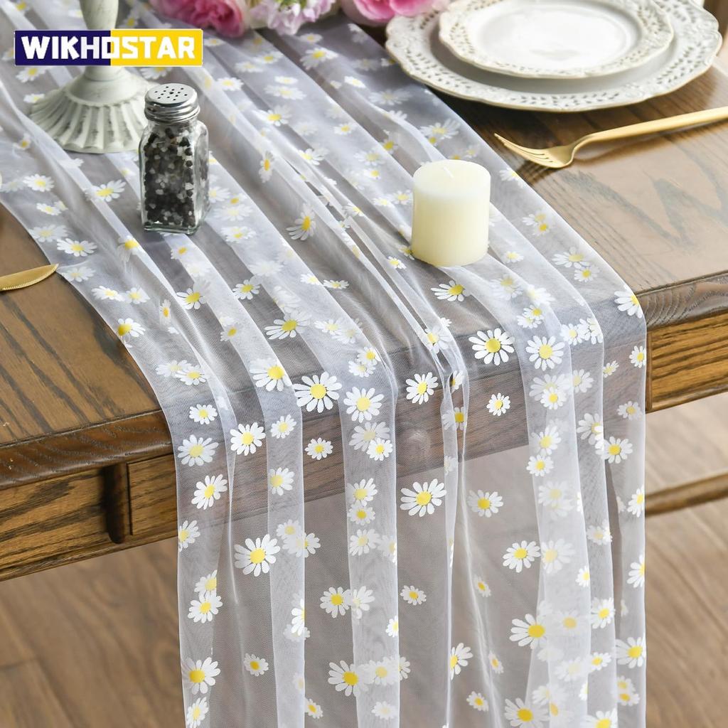 Grüner Gänseblümchen Netz-Gaze Tischläufer, Frischer Stil Durchsichtiger Chiffon-Netz-Blumen Tischdekoration Für Weihnachten Hochzeit Party