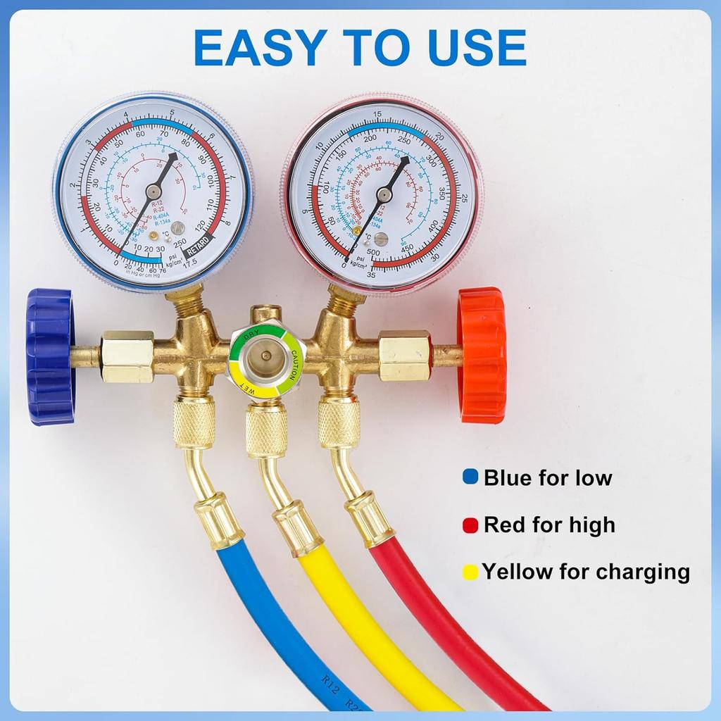 3 Pieces AC Manifold Gauge Hose Kit, R410A Refrigerant Charging Hoses 1/4 SAE, 5FT AC Manifold Gauge Hose Kit For R134A R410A R22 R404A, A/C Charging